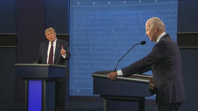 President Donald Trump, left, and former Vice President Joe Biden at the first presidential debate Tuesday, Sept. 29, 2020, at Case Western University and Cleveland Clinic, in Cleveland, Ohio. (WTTW News via CNN)