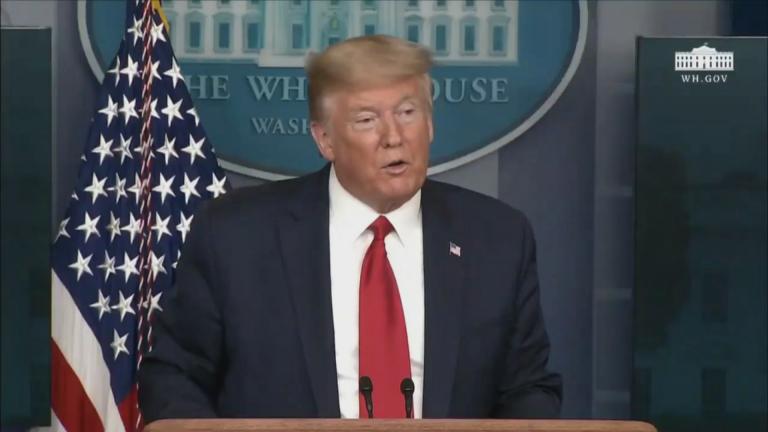 President Donald Trump speaks during a press briefing on April 8, 2020. (WTTW News via CNN)