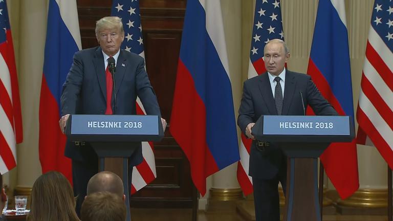 Presidents Donald Trump and Vladimir Putin meet in Helsinki, Finland, on Monday, July 16, 2018.