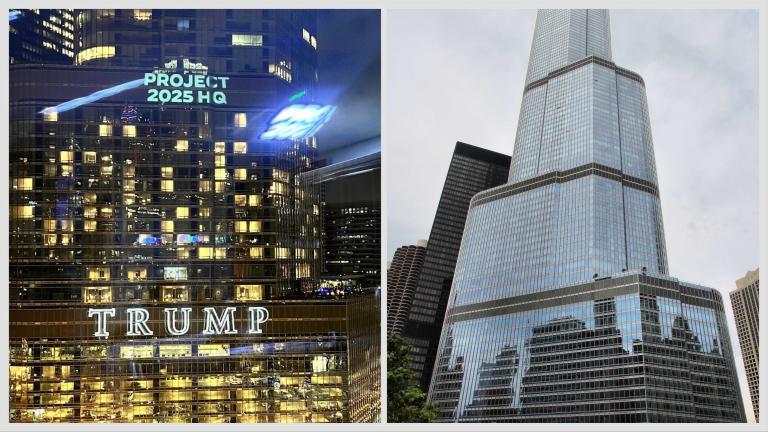The Democratic National Committee is projecting various messages onto Chicago's Trump Tower during the Democratic National Convention. (Courtesy of Democratic National Committee (l); tupungato / iStock)