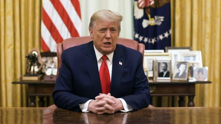 An image taken from a video of President Donald Trump posted on the official White House Twitter account on Jan. 13, 2021 — the day he was impeached for a second time and a week after deadly riots at the U.S. Capitol. (WTTW News via @WhiteHouse)