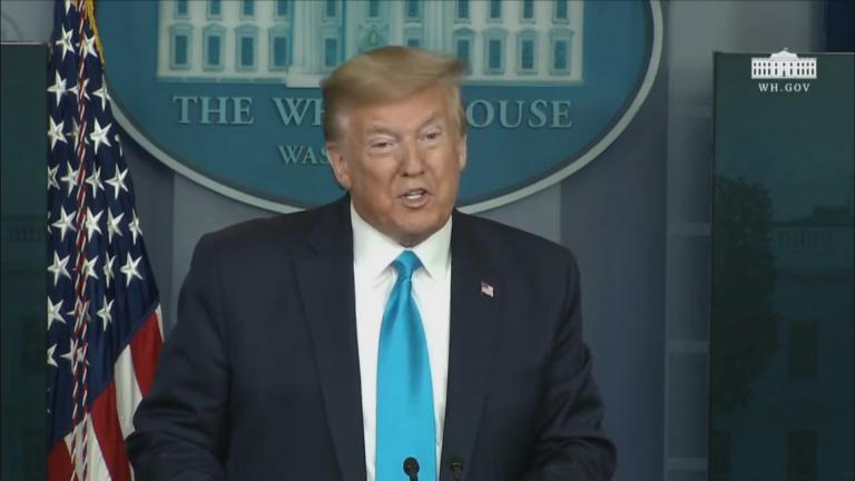 President Donald Trump speaks about the coronavirus pandemic during a press briefing Tuesday, April 7, 2020. (WTTW News via CNN)