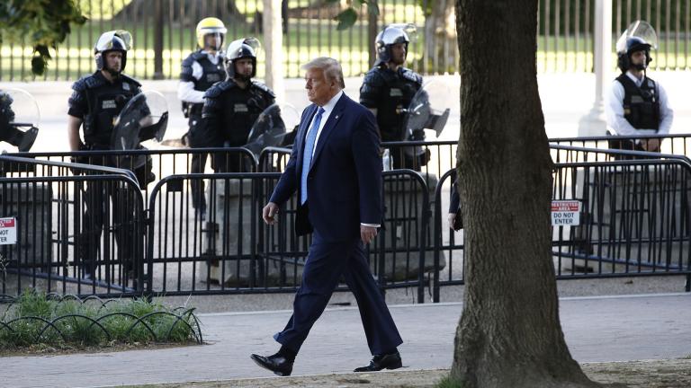 President Donald Trump walks in Lafayette Park to visit outside St. John’s Church across from the White House Monday, June 1, 2020, in Washington. Part of the church was set on fire during protests on Sunday night. (AP Photo / Patrick Semansky)