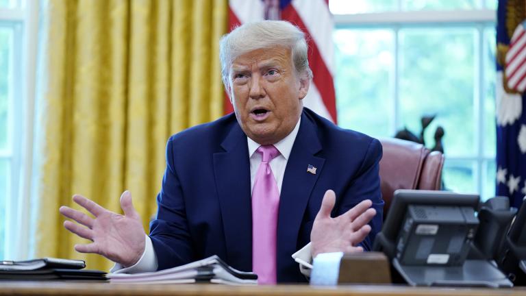 President Donald Trump speaks to the media while meeting with Senate Majority Leader Mitch McConnell and House Minority Leader Kevin McCarthy in the Oval Office at the White House, Monday, July 20, 2020, in Washington. (AP Photo / Evan Vucci)