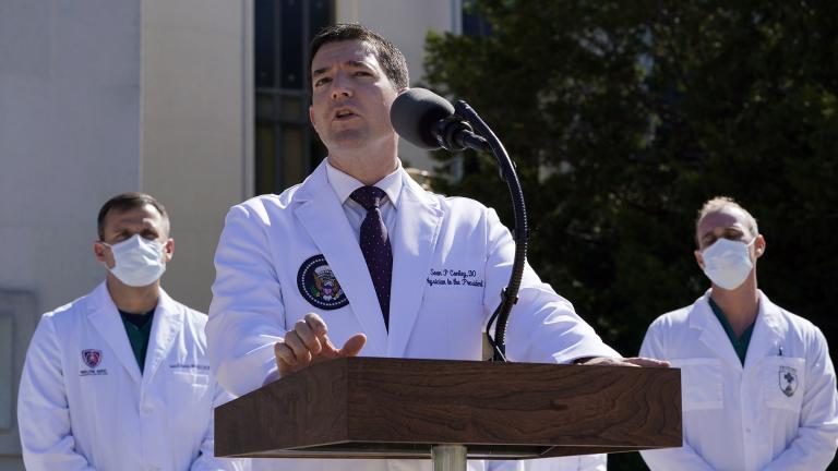 Dr. Sean Conley, physician to President Donald Trump, briefs reporters at Walter Reed National Military Medical Center in Bethesda, Md., Saturday, Oct. 3, 2020. (AP Photo / Susan Walsh)