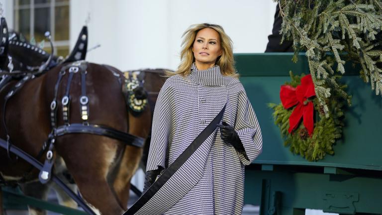 First lady Melania Trump stands next to the 2020 Official White House Christmas tree as it is presented on the North Portico of the White House, Monday, Nov. 23, 2020, in Washington. (AP Photo / Andrew Harnik) First lady Melania Trump stands next to the 2020 Official White House Christmas tree as it is presented on the North Portico of the White House, Monday, Nov. 23, 2020, in Washington. (AP Photo / Andrew Harnik)