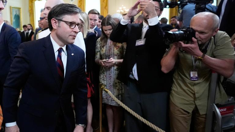 House Speaker Mike Johnson, R-La., departs after President Donald Trump signed a bill blocking California's rule banning the sale of new gas-powered cars by 2035, at an event in the East Room of the White House, Thursday, June 12, 2025, in Washington. (AP Photo / Alex Brandon)