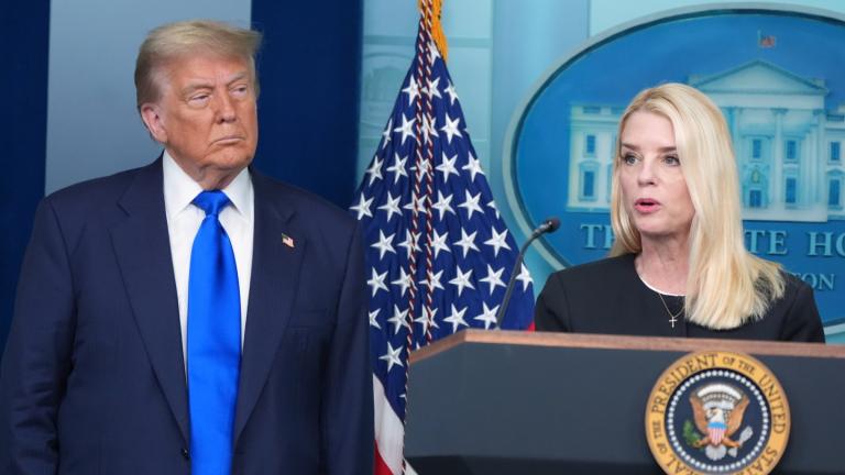 Attorney General Pam Bondi speaks to reporters as President Donald Trump listens, Friday, June 27, 2025, in the briefing room of the White House in Washington. (Jacquelyn Martin / AP Photo)