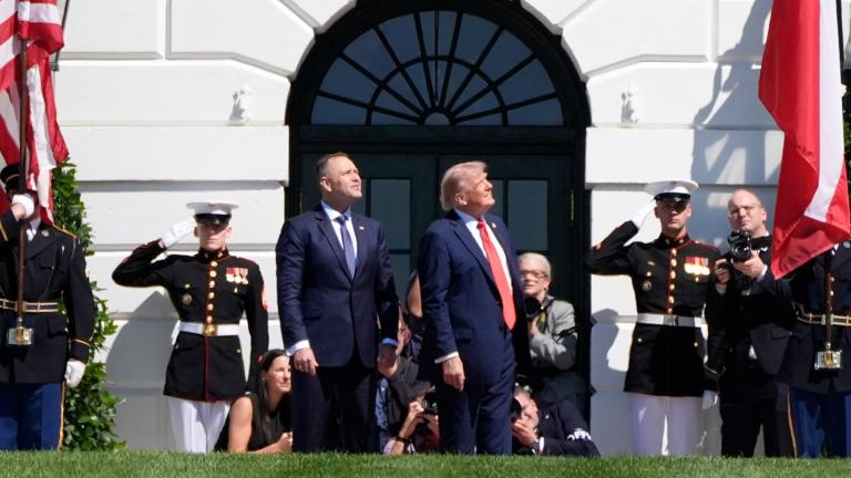 President Donald Trump, right, and Polish President Karol Nawrocki, left, watch a military aircraft flyover at the White House, Wednesday, Sept. 3, 2025, in Washington. (AP Photo / Alex Brandon)