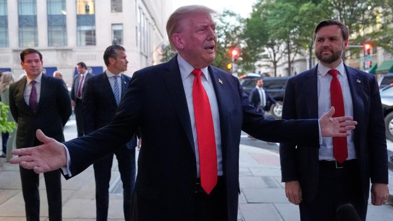 President Donald Trump talks to reporters as he arrives for dinner at a restaurant near the White House, Tuesday, Sept. 9, 2025, in Washington, with Vice President JD Vance. (AP Photo / Alex Brandon)