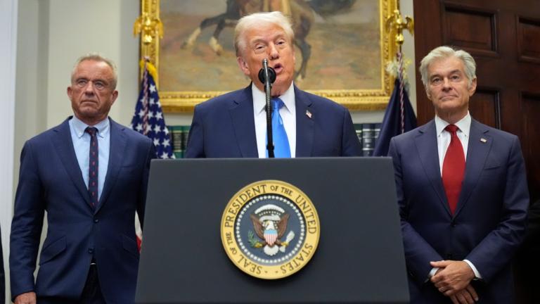 President Donald Trump speaks in the Roosevelt Room of the White House, Monday, Sept. 22, 2025, in Washington, as Health and Human Services Secretary Robert F. Kennedy Jr., left, and Centers for Medicare & Medicaid Services administrator Dr. Mehmet Oz listen. (AP Photo / Mark Schiefelbein)