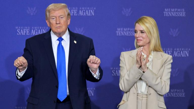 President Donald Trump participates in a roundtable discussion on public safety at a Tennessee Air National Guard Base, Monday, March 23, 2026, in Memphis, Tenn., with Attorney General Pam Bondi, right. (AP Photo / Bruce Newman)