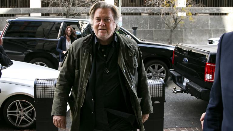 n this Nov. 8, 2019 file photo, former White House strategist Steve Bannon arrives to testify at the trial of Roger Stone, at federal court in Washington. Bannon was arrested Thursday, Aug. 20, 2020, on charges that he and three others ripped off donors to an online fundraising scheme “We Build The Wall.” (AP Photo/Al Drago, File)