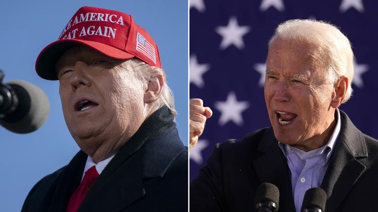 President Donald Trump, left, and Democratic presidential nominee Joe Biden speak at rallies Monday, Nov. 2, 2020 in Pennsylvania and North Carolina, respectively. (AP photos by Andrew Harnik and Evan Vucci)