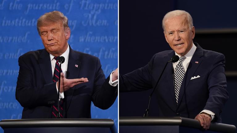 President Donald Trump, left, and former Vice President Joe Biden at the first presidential debate Tuesday, Sept. 29, 2020, at Case Western University and Cleveland Clinic, in Cleveland, Ohio. (AP Photos by Julio Cortez and Patrick Semansky)