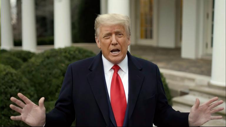 FILE - This exhibit from video released by the House Select Committee, shows President Donald Trump recording a video statement on the afternoon of Jan. 6, 2021, from the Rose Garden, displayed at a hearing by the House select committee investigating the Jan. 6 attack on the U.S. Capitol. (House Select Committee via AP,  File)