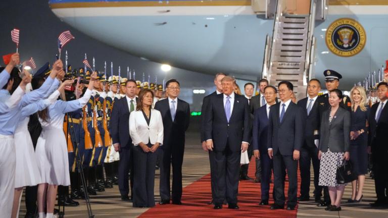 President Donald Trump arrives on Air Force One, Wednesday, May 13, 2026, at Beijing Capital International Airport in Beijing. (AP Photo / Mark Schiefelbein)