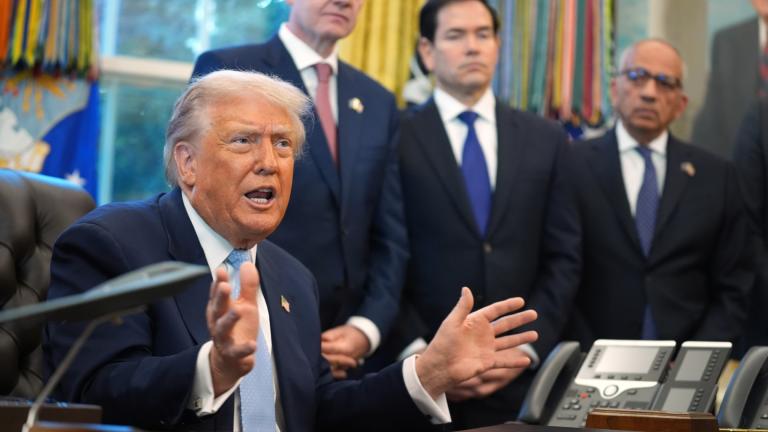 President Donald Trump answers questions from reporters during a meeting with the White House task force on the 2026 FIFA World Cup in the Oval Office of the White House, Monday, Nov. 17, 2025, in Washington, as FIFA President Gianni Infantino, Secretary of State Marco Rubio and FIFA senior adviser Carlos Cordeiro listen. (AP Photo / Evan Vucci)