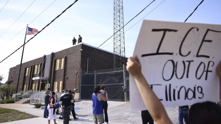 Immigration and Customs Enforcement facility officers stand guard outside an ICE facility in Broadview, Friday, Sept. 19, 2025. (Anthony Vazquez/Chicago Sun-Times via AP)