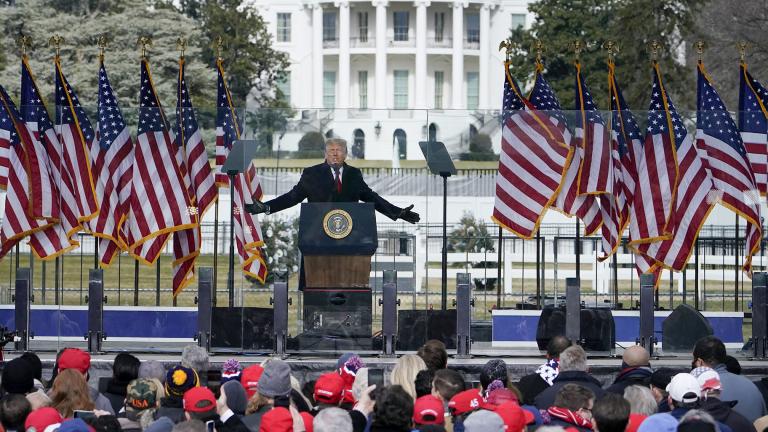 In this Jan. 6, 2021, file photo with the White House in the background, President Donald Trump speaks at a rally in Washington. (AP Photo / Jacquelyn Martin, File)