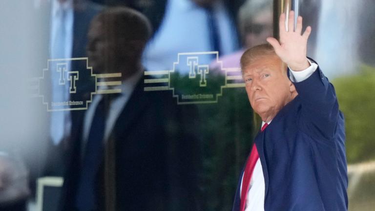 Former president Donald Trump arrives at Trump Tower in New York on Monday, April 3, 2023. Trump is expected to be booked and arraigned on Tuesday on charges arising from hush money payments during his 2016 campaign. (AP Photo / Bryan Woolston)