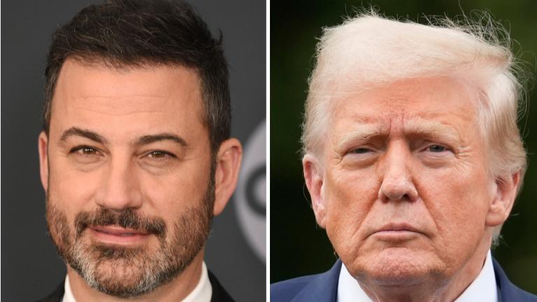 Jimmy Kimmel appears at the Walt Disney Television upfront in New York on May 14, 2019, left, and President Donald Trump appears on the South Lawn of the White House on Aug. 1, 2025, in Washington. (AP Photo)