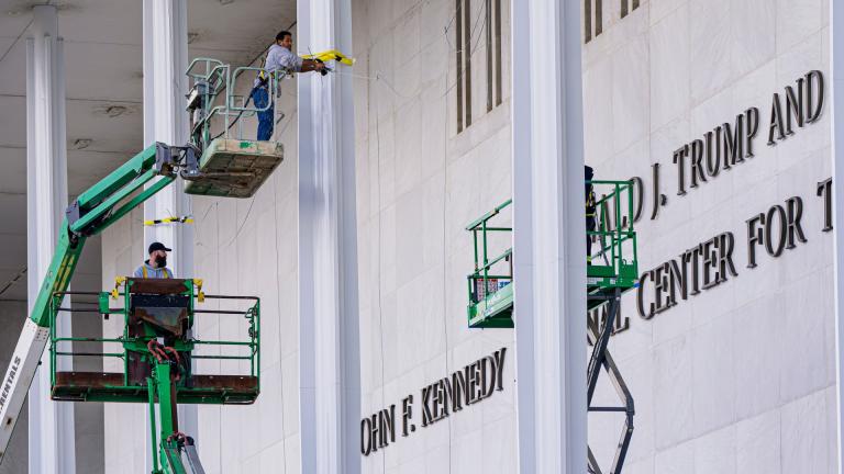 New signage, The Donald J. Trump and The John F. Kennedy Memorial Center For The Performing Arts, is unveiled on the Kennedy Center, Friday, Dec. 19, 2025, in Washington. (AP Photo / Jacquelyn Martin)