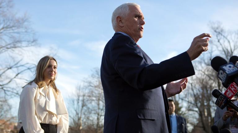 Former Vice President Mike Pence, left, speaks to reporters before the MockCon event at University Chapel at Washington and Lee University on Tuesday, March 21, 2023, in Lexington, Va. (Scott P. Yates / The Roanoke Times via AP)