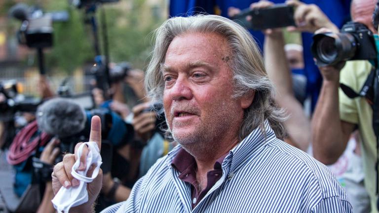 In this Aug. 20, 2020, file photo, President Donald Trump’s former chief strategist, Steve Bannon, speaks with reporters in New York after pleading not guilty to charges that he ripped off donors to an online fundraising scheme to build a southern border wall. (AP Photo / Eduardo Munoz Alvarez, File)