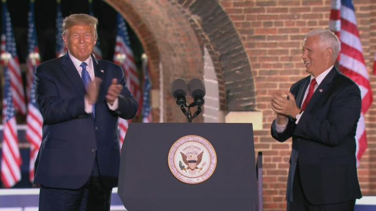 President Donald Trump and Vice President Mike Pence appear together at the Republican National Convention on Wednesday, Aug. 26, 2020. (WTTW News)