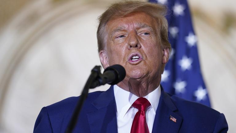 Former President Donald Trump speaks at his Mar-a-Lago estate Tuesday, April 4, 2023, in Palm Beach, Fla. (AP Photo / Evan Vucci, File)