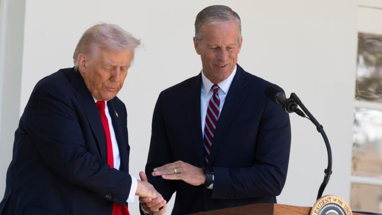President Donald Trump shakes hands with Senate Majority Leader John Thune, R-S.D., right, during a lunch with Republican Senators on the Rose Garden patio at the White House, Tuesday, Oct. 21, 2025, in Washington. (AP Photo / Manuel Balce Ceneta)