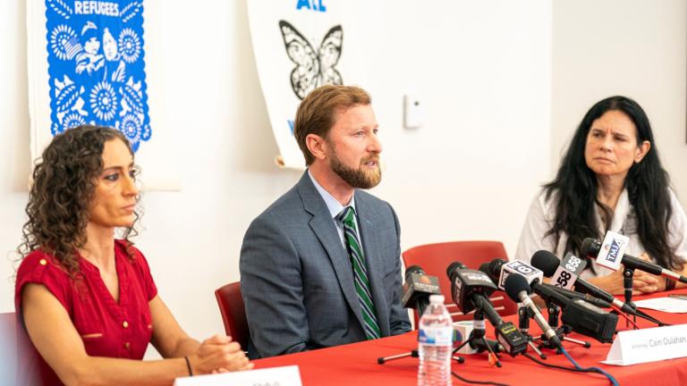 From left, Kime Abduli, Ramon Morales Reyes' attorney, Cain Oulahan, Ramon Morales Reyes' immigration attorney and Christine Neumann-Ortiz, executive director of the Milwaukee-based immigrant rights group Voces de la Frontera address the media Friday, May 30, 2025 in Milwaukee about the detention of Ramon Morales Reyes. (AP Photo / Andy Manis,File)