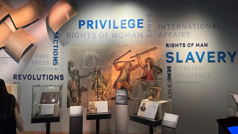 This wall in the “Great Debate” section of a democracy exhibit at the National Museum of American History, shown Aug. 26, 2025, in Washington, reflects some of the issues the nation grapples with. President Donald Trump is pressing for changes in the stories the Smithsonian museums tell about America. He wants U.S. history cast in a more positive light. (AP Photo / Calvin Woodward)