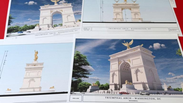 Artist renderings and diagrams for President Donald Trump's new triumphal arch released by the U.S. Commission of Fine Arts that is planned to be built in Washington between the Lincoln Memorial and Arlington National Cemetery, are photographed Friday, April 10, 2026. (AP Photo / Jon Elswick)