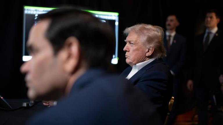 In this photo released by the White House, President Donald Trump monitors U.S. military operations in Venezuela, with Secretary of State Marco Rubio at Mar-a-Lago in Palm Beach, Fla., Saturday, Jan. 3, 2026. (Molly Riley / The White House via AP)