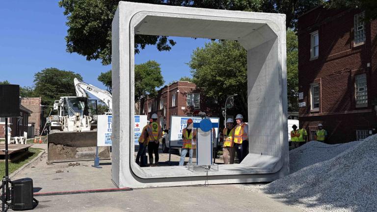 Dozens of these concrete boxes are being placed underground to form a pair of stormwater reservoirs in flood-prone neighborhoods on Chicago’s West Side; July 7, 2026. (Patty Wetli / WTTW News)