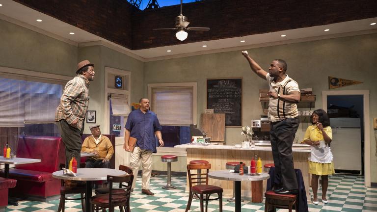 Joseph Primes, Alfred H. Wilson, A.C. Smith, Jerod Haynes and Kierra Bunch in the Court Theatre’s production of “Two Trains Running.” (Credit: Michael Brosilow)