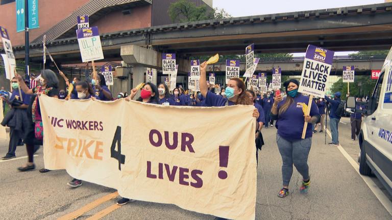 UIC hospital workers strike on Monday, Sept. 14, 2020. (WTTW News)