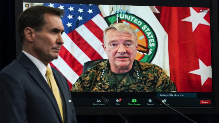 In this Aug. 30, 2021, file photo Gen. Frank McKenzie, Commander of U.S. Central Command, appears on screen as he speaks from MacDill Air Force Base, in Tampa, Fla., as he speaks about Afghanistan during a virtual briefing moderated by Pentagon spokesman John Kirby at the Pentagon in Washington. (AP Photo / Manuel Balce Ceneta, File) 