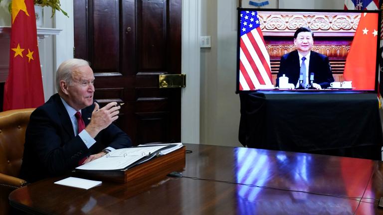 President Joe Biden meets virtually with Chinese President Xi Jinping from the Roosevelt Room of the White House in Washington, on Nov. 15, 2021. (AP Photo / Susan Walsh, File)