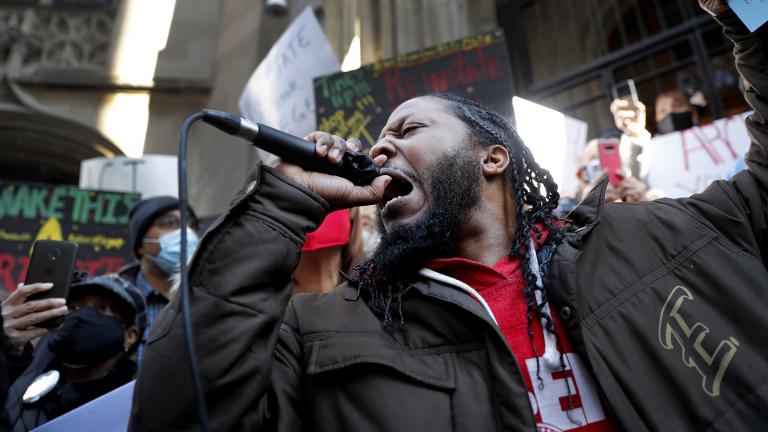 Joseph Saunders and other members of Chicago’s St. Sabina Catholic Church rally outside the Archdiocesan Pastoral Center in Chicago demanding resolution of the investigation into allegations against the Rev. Michael Pfleger on Wednesday, Feb 24, 2021 in Chicago. 