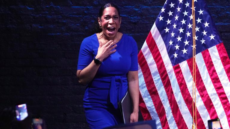 Illinois Lt. Gov. Juliana Stratton reacts as she takes the stage during a primary election night watch party after winning the Democratic primary for U.S. Senate, Tuesday, March 17, 2026, in Chicago. (AP Photo / Erin Hooley)