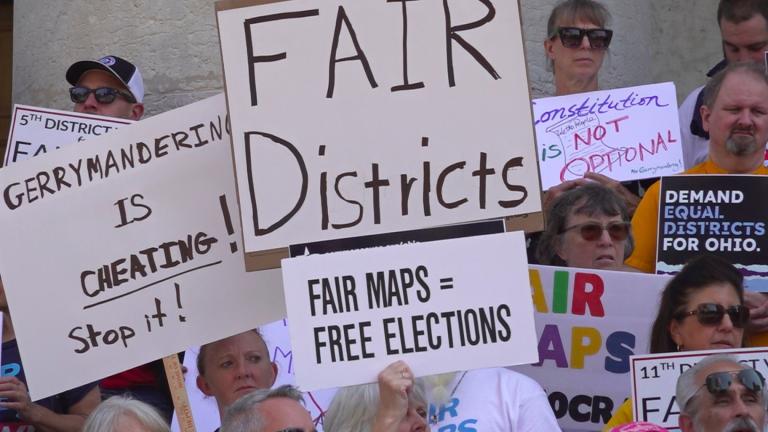 This photo taken from video shows organizers rallying outside of the Ohio Statehouse to protest gerrymandering and advocate for lawmakers to draw fair maps in Columbus, Ohio, Sept. 17, 2025. (AP Photo / Patrick Aftoora-Orsagos, File)