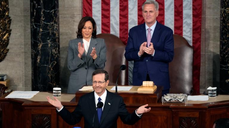Israeli President Isaac Herzog speaks to a joint session of Congress, Wednesday, July 19, 2023, at the Capitol in Washington, as Vice President Kamala Harris and House Speaker Kevin McCarthy of Calif., look on. (AP Photo / Jacquelyn Martin)