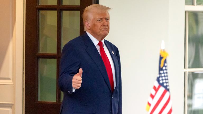 President Donald Trump gives a thumbs-up as Israel’s Prime Minister Benjamin Netanyahu leaves the West Wing of the White House, Monday, April 7, 2025, in Washington. (Mark Schiefelbein / AP Photo)