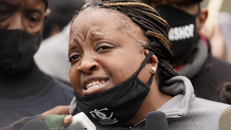 Tafara Williams’s mother Clifftina Johnson speaks during a protest rally Thursday, Oct. 22, 2020 for Marcellis Stinnette, who was killed by Waukegan Police on Tuesday, Oct. 20, 2020 in Waukegan, Ill. (AP Photo / Nam Y. Huh)