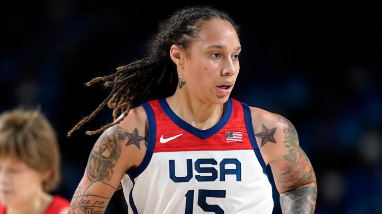 Brittney Griner (15) runs up court during women’s basketball gold medal game against Japan at the 2020 Summer Olympics on Aug. 8, 2021, in Saitama, Japan. Russia has freed WNBA star Brittney Griner in a dramatic high-level prisoner exchange, with the U.S. releasing notorious Russian arms dealer Viktor Bout. (AP Photo / Charlie Neibergall, File)