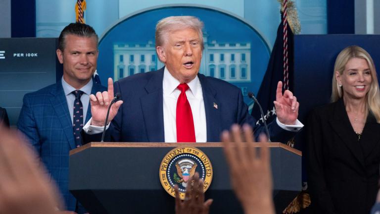 resident Donald Trump speaks with reporters in the James Brady Press Briefing Room at the White House, Aug. 11, 2025, in Washington, as Secretary of Defense Pete Hegseth, left, and Attorney General Pam Bondi look on. (AP Photo / Alex Brandon, File)