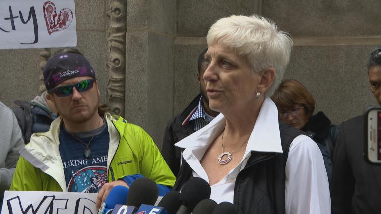 Barbara Lloyd of Chicago Rideshare Advocates speaks to the media during a rally Wednesday, May 8, 2019. (WTTW News)